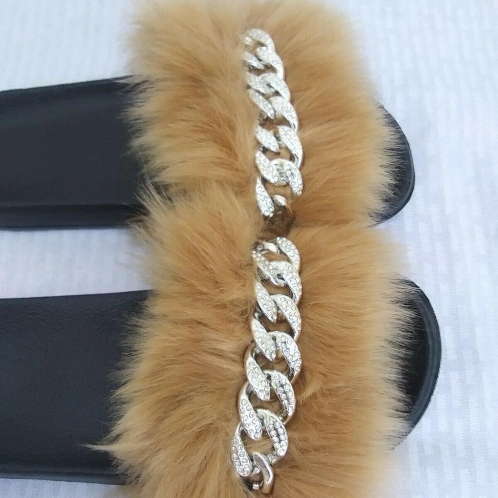 Brown Faux Fur Slides/Slippers/With Chain - Picture 3 of 9